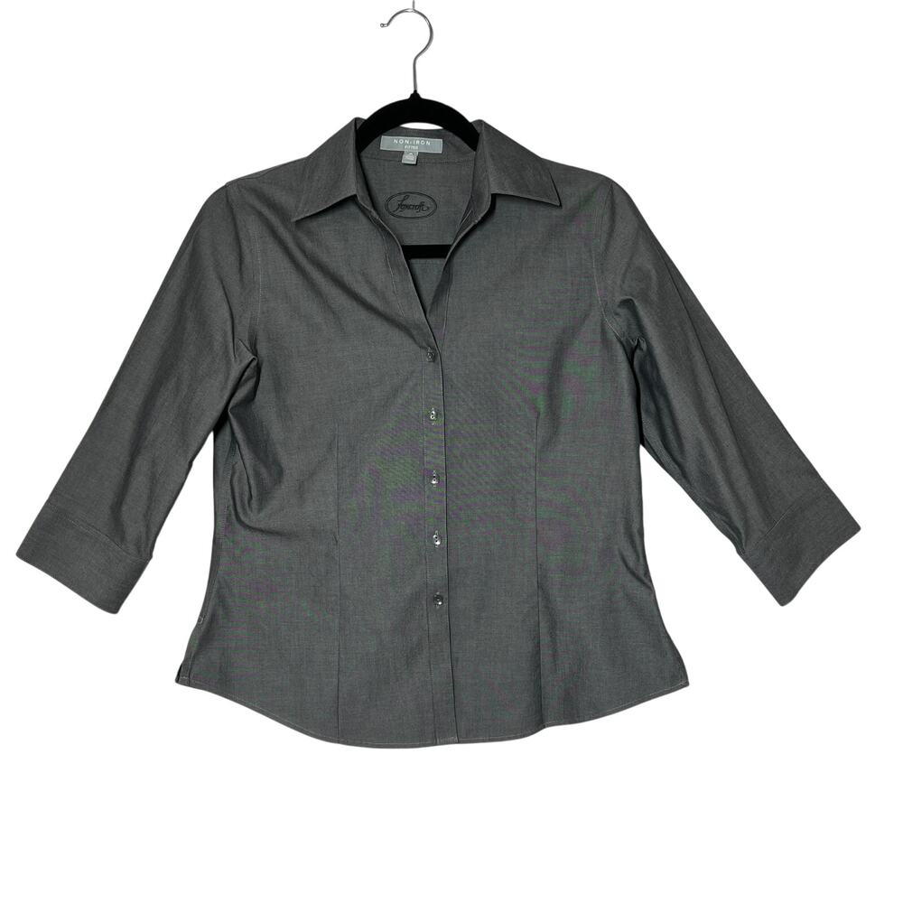 FOXCROFT Womens 4P Gray Non Iron Fitted 100 Cotton Button Up 3 Quarter Shirt